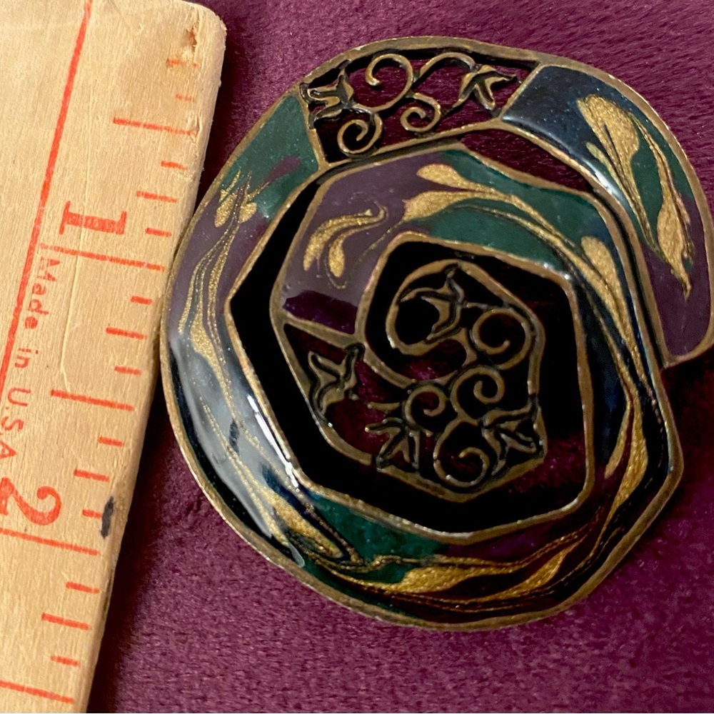 Circular Swirl Pin, Purple & Dark Green on Antigue Bronze  Finish, Vintage 90’s